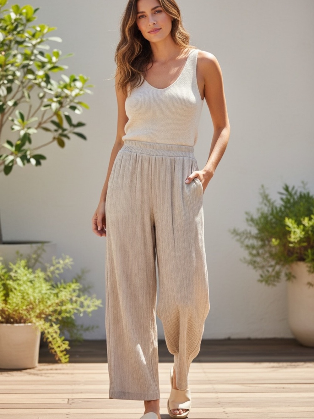 Women's Wide-Leg Lounge Pants in Light Beige